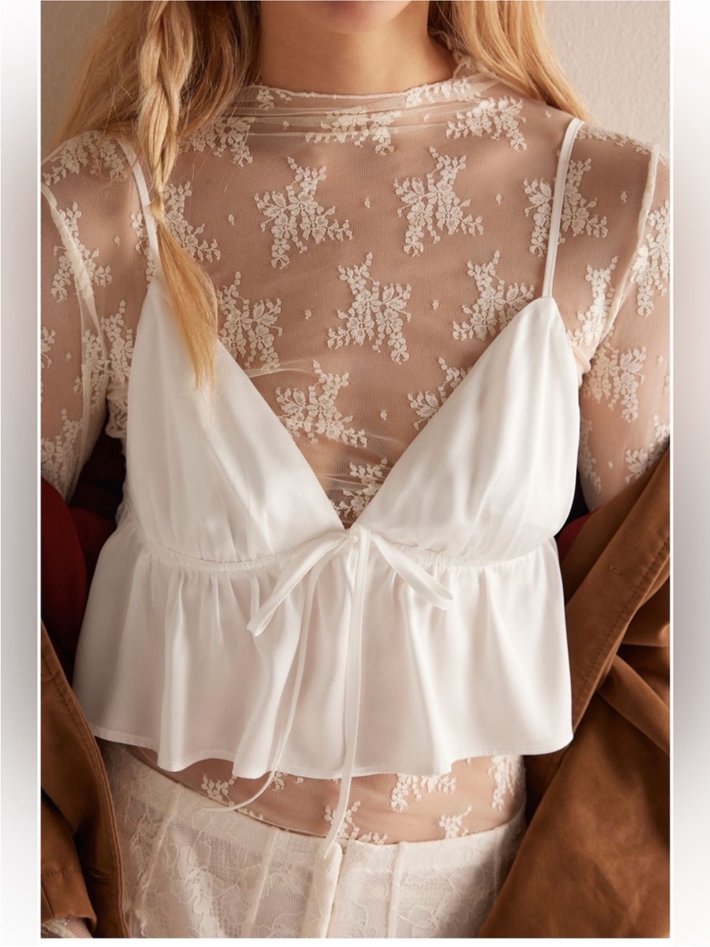 Free People Lady Lux Floral Mesh Layering Top lace Med NWT Evening Cream White - Picture 4 of 10